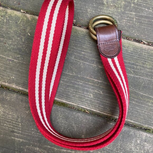 Vintage 90s Coach Fabric Belt Red Striped Leather Buckle - Picture 3 of 6
